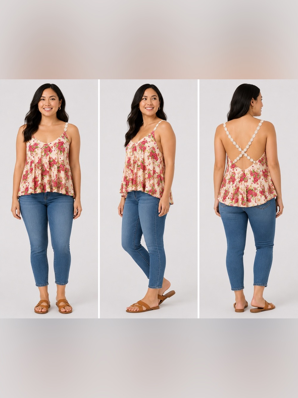 L.A. Hearts Floral Swing Tank Lace Cross Back Boho Top M